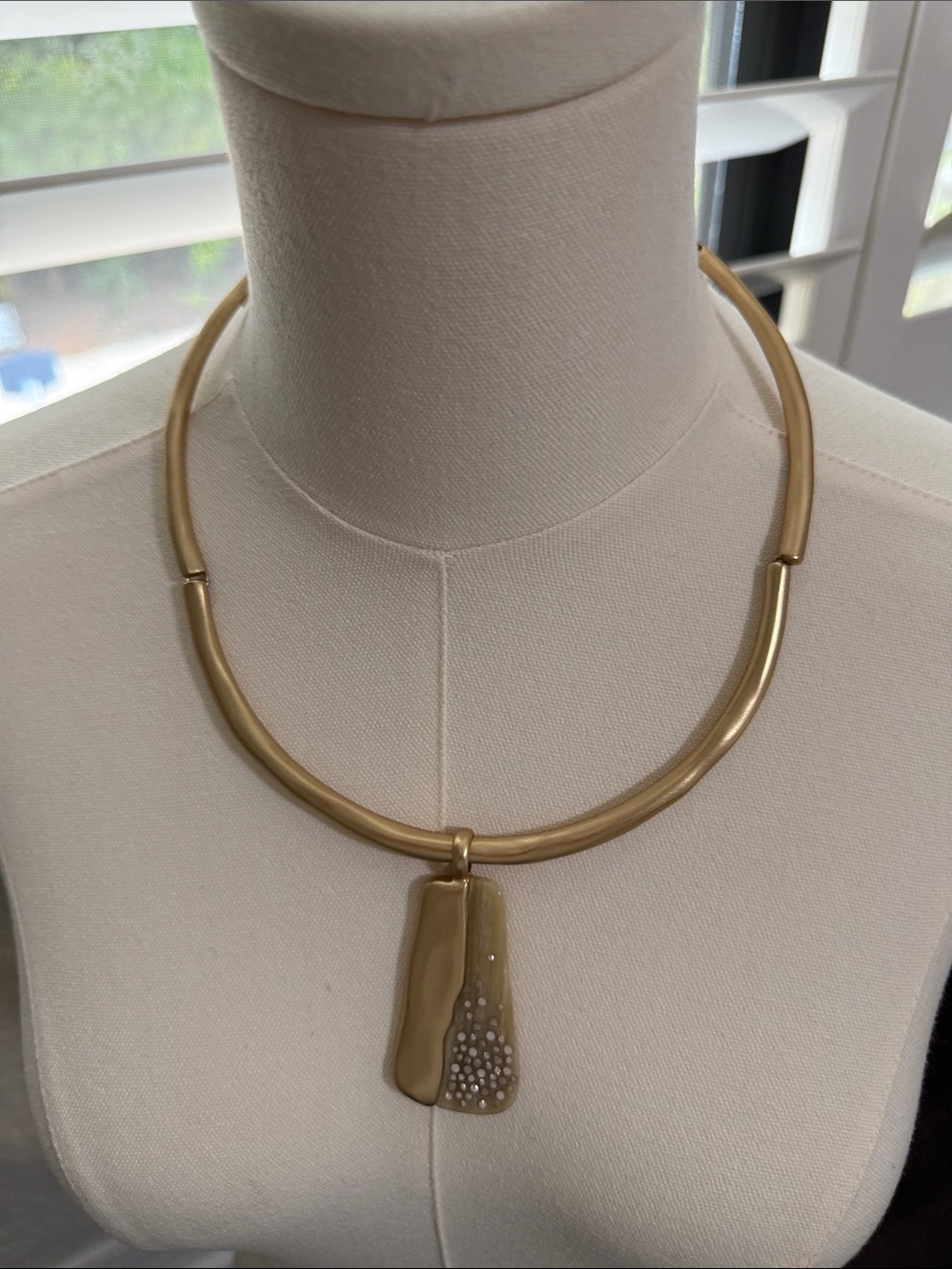 Chico's Gold Sculptural Collar Necklace with Textured Pendant